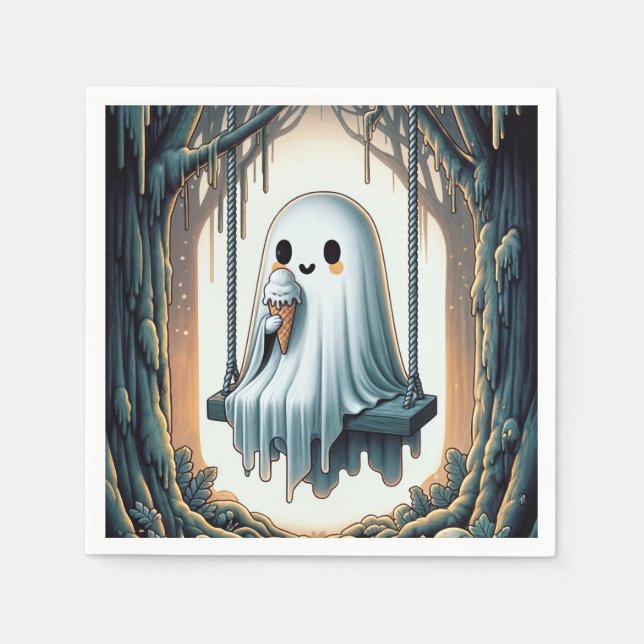Guardanapo De Papel Fantasma De Cartoon Halloween Com Cone De Sorvete (Frente)