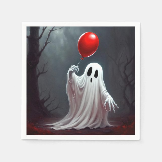 Guardanapo De Papel Fantasma de Halloween com Balão Vermelho (Frente)
