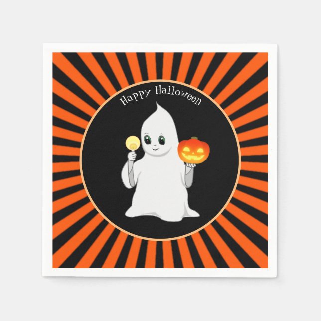 Guardanapo De Papel Fantasma de Halloween e Abóbora em Preto e Laranja (Frente)