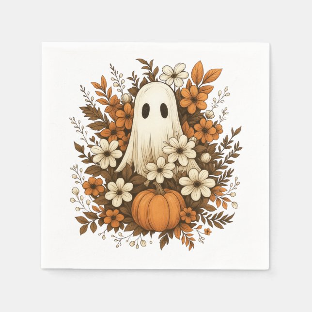 Guardanapo De Papel Fantasma Fofo Com Abóbora E Flores De Outono – Hal (Frente)