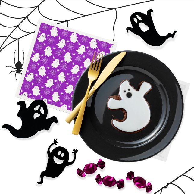 Guardanapo De Papel Fantasmas bonitos | Aranhas | Spider Webs Hallowee (Cute Ghosts, Spiders and Spider Webs Halloween Purple and White Patterned Napkins)