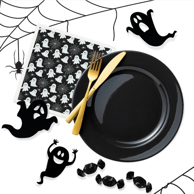 Guardanapo De Papel Fantasmas bonitos | Aranhas | Spider Webs Hallowee (Cute Ghosts, Spiders and Spider Webs Halloween Black and White Patterned Paper Napkins)