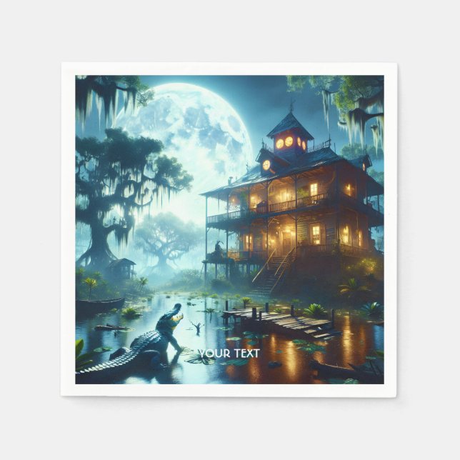 Guardanapo De Papel Fantasy Cute Cabin Lake Crocodile (Frente)