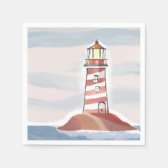 Guardanapo De Papel Farol Clássico | Aquarela Costeira Oceânica (Frente)