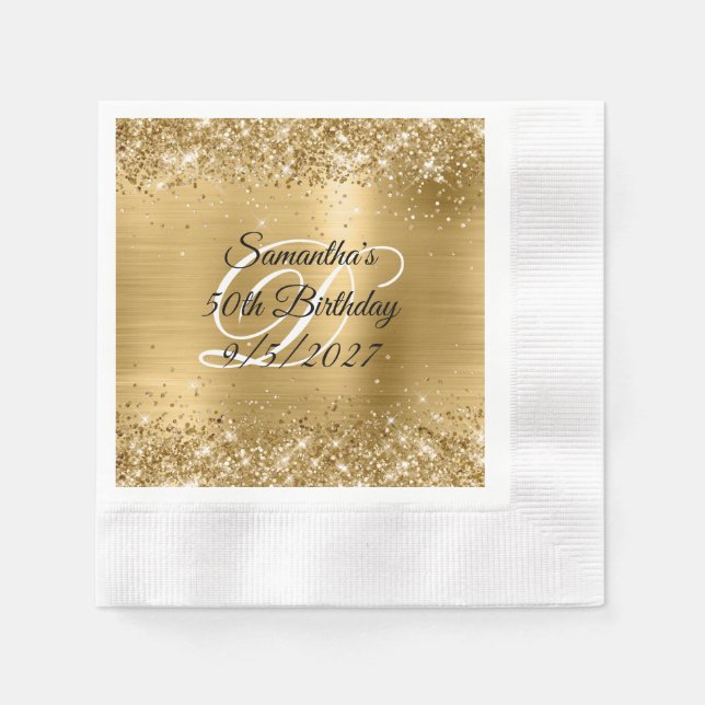 Guardanapo De Papel Faux Dourado Glitter and Foil 50th Birthday (Frente)
