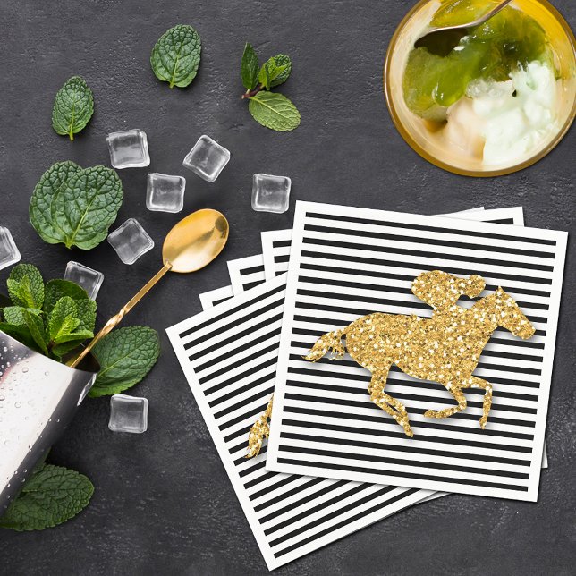 Guardanapo De Papel Faux Dourado Race Horse Preto e Branco (Gold racehorse and jockey on black and white stripes Derby  party cocktail napkins)