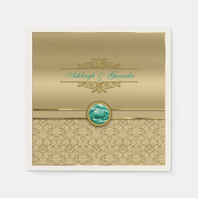 Guardanapo De Papel Faux Emerald Green Gemstone Dourado Damasco Metáli (Frente)