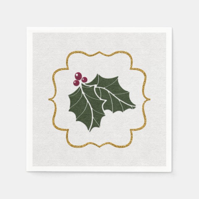 Guardanapo De Papel Faux Felt and Gold Glitter Holly Leaves Berries (Frente)