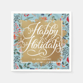 Guardanapo De Papel Faux Foil Happy Holidays Blue Flores de inverno Az