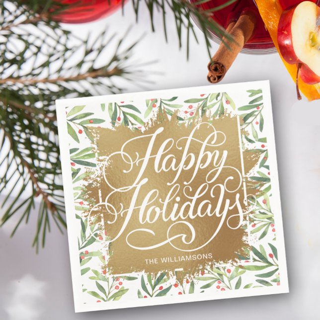 Guardanapo De Papel Faux Foil Happy Holidays Greenery Berries (Personalized Happy Holidays on gold faux foil with branch and berries border napkins)
