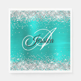 Guardanapo De Papel Faux Shiny Silver Glitter Turquoise Monograma