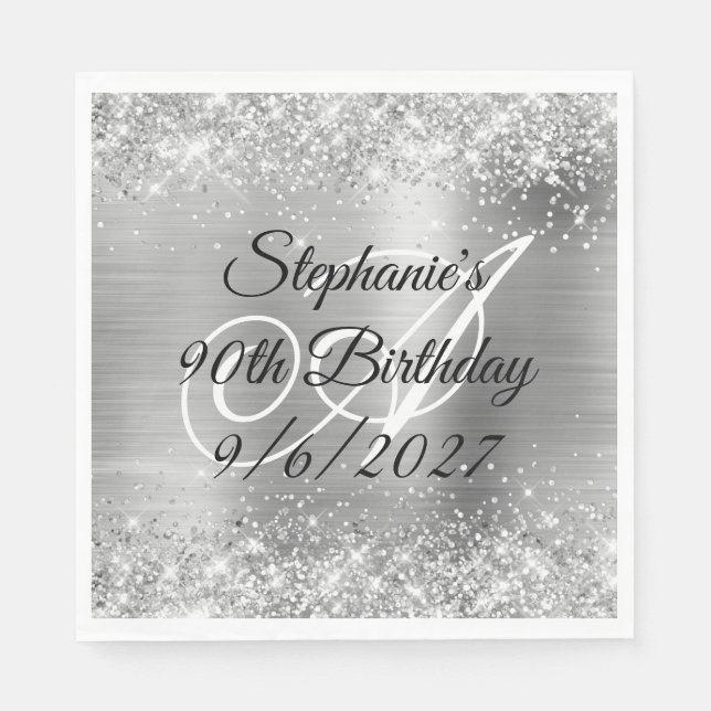 Guardanapo De Papel Faux Silver Glitter and Foil 90 Birthday (Frente)