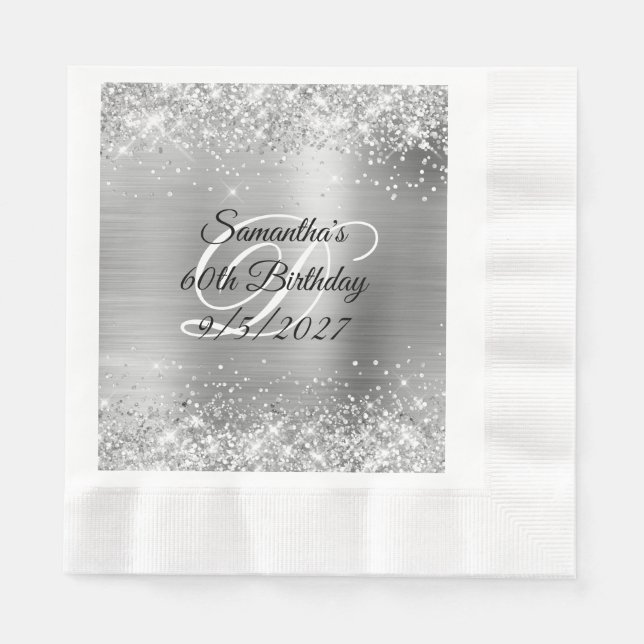 Guardanapo De Papel Faux Silver Glitter e Foil 60º Aniversário (Frente)