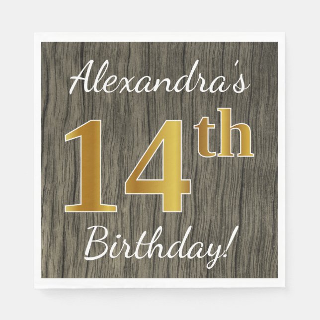Guardanapo De Papel Faux Wood, Faux Dourada 14 Birthday + nome persona (Frente)