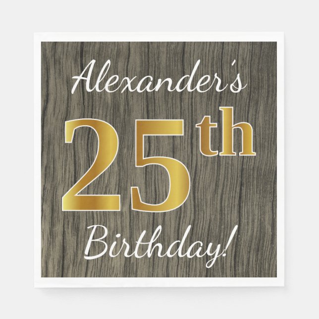Guardanapo De Papel Faux Wood, Faux Dourada 25 Birthday + nome persona (Frente)