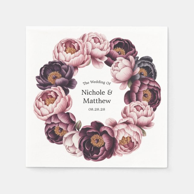 Guardanapo De Papel Favor do Casamento de Blush e Plum Peony Wreath (Frente)