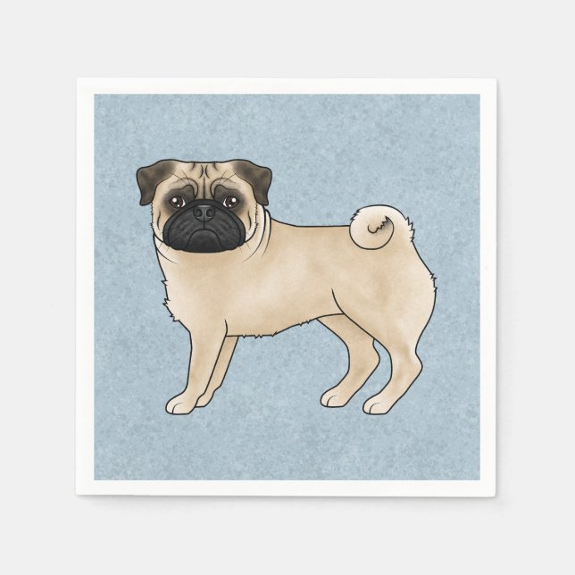 Guardanapo De Papel Fawn Pug Canine Cãozinho Cartoon Illustração Azul (Frente)