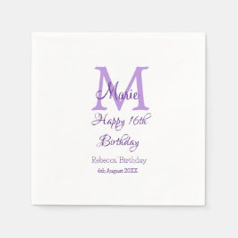 Guardanapo De Papel Feliz 16º Aniversário, púrpura, adiciona nome mono