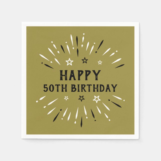 Guardanapo De Papel Feliz 50º aniversário Fogos de artifício Dourados, (Frente)