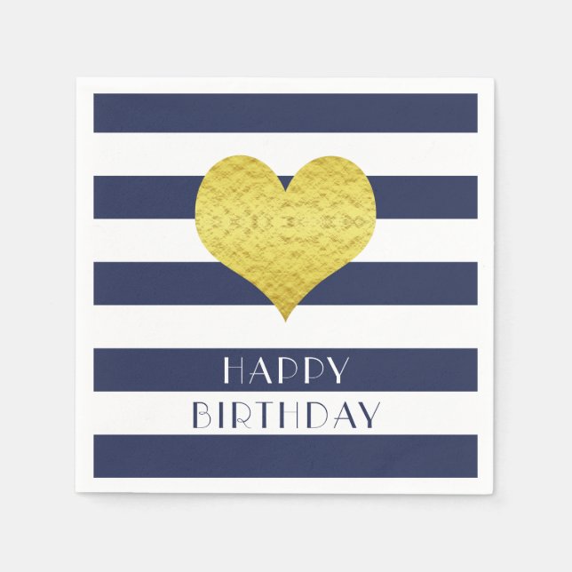 Guardanapo De Papel Feliz Aniversário Azul E Branco, Dourado E Bonito (Frente)