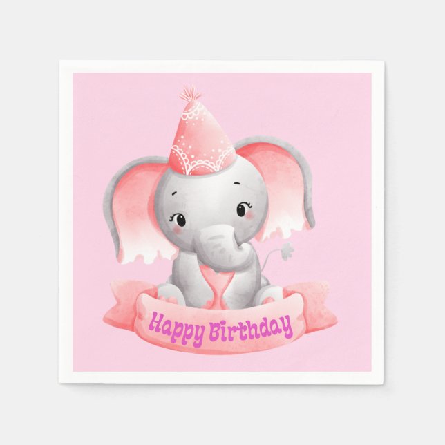 Guardanapo De Papel Feliz Aniversário Bebê Elefante Rosa (Frente)