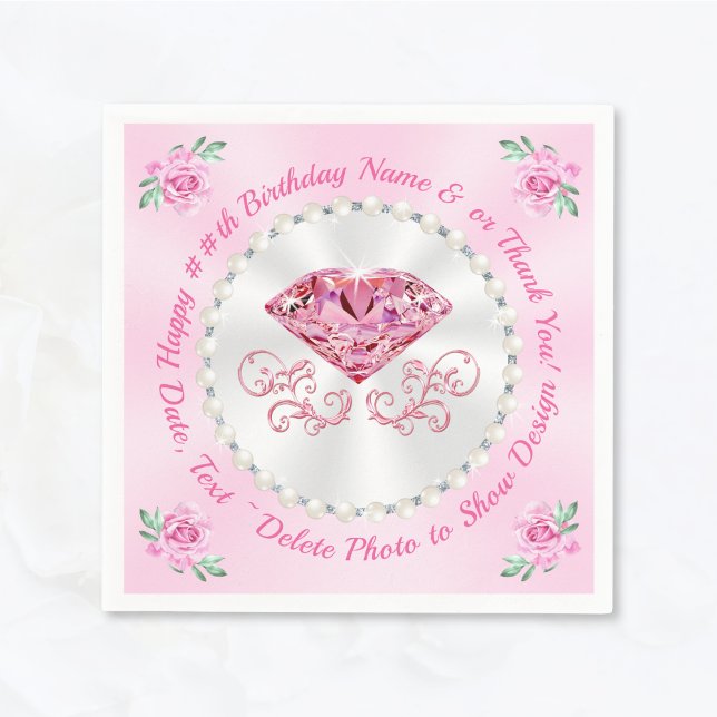Guardanapo De Papel Feliz Aniversário Belo, Rosa Napkins, 3 TAMANHOS (Diamond and Pearls, Pink Cocktail Napkins. Choose Luncheon or Dinner. Light, Pink Birthday Napkins.)