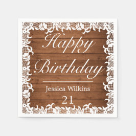 Guardanapo De Papel Feliz Aniversário da Rustic Wood & White Lace