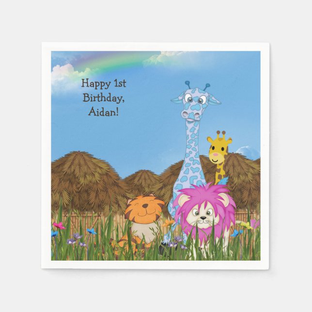 Guardanapo De Papel Feliz aniversário da selva com cabanas (Frente)