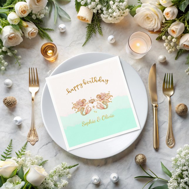 Guardanapo De Papel Feliz Aniversário da Sereia das Raparigas Gêmeas (Criador carregado)