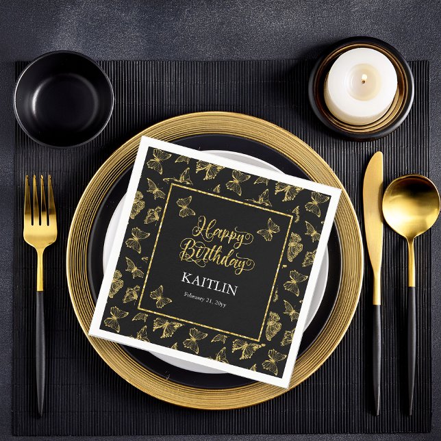 Guardanapo De Papel Feliz Aniversário das Borboletas Douradas Elegante (Elegant Black and Faux Gold Butterflies "Happy Birthday" Party Paper Napkins)