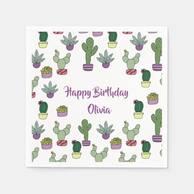 Guardanapo De Papel Feliz Aniversário das Plantas Suculentas de Cactus (Frente)