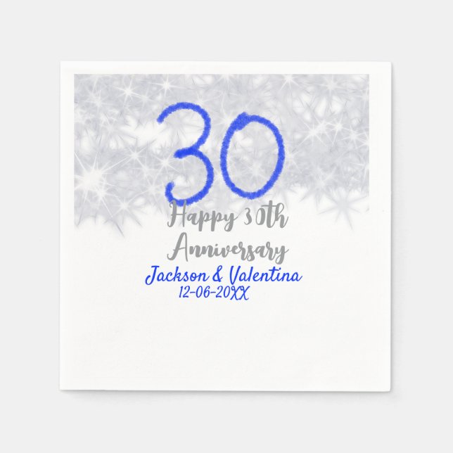 Guardanapo De Papel Feliz aniversário de 30 do casamento, azul-prata (Frente)