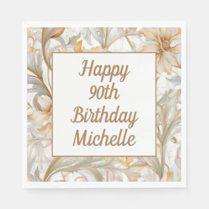 Guardanapo De Papel Feliz Aniversário de 90 anos Floral Dourada