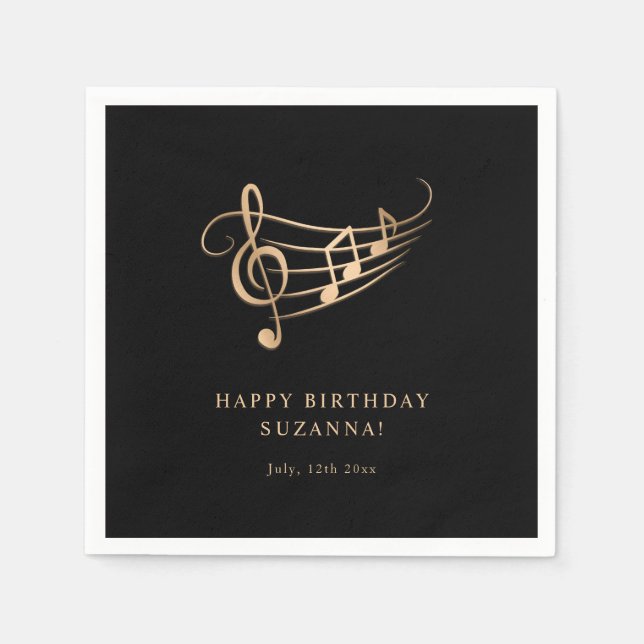 Guardanapo De Papel Feliz aniversário, Dourado, notas de música elegan (Frente)