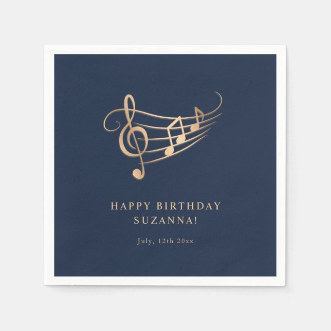 Guardanapo De Papel Feliz aniversário, Dourado, notas de música elegan (Frente)