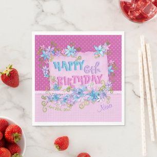 Guardanapo De Papel Feliz Aniversário Floral Rosa Roxo Bolinhas
