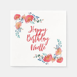 Guardanapo De Papel Feliz Aniversário - Flores Brancas Elegantes, Verm