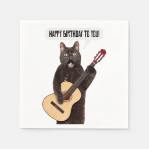 Guardanapo De Papel Feliz Aniversário Gato Cantando e Tocando Violão