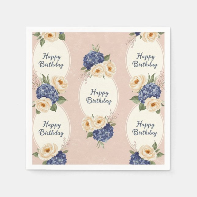 Guardanapo De Papel Feliz Aniversário, Hydrangeas e Peonias (Frente)