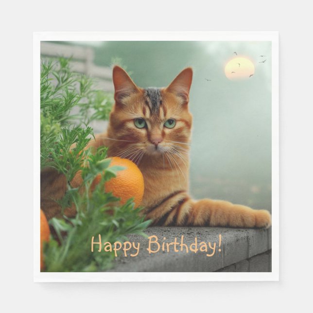 Guardanapo De Papel Feliz Aniversário Laranja Tabby Cat (Frente)