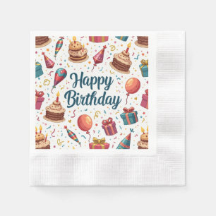 Guardanapo De Papel Feliz Aniversário, Napkin com Balões e Bolo