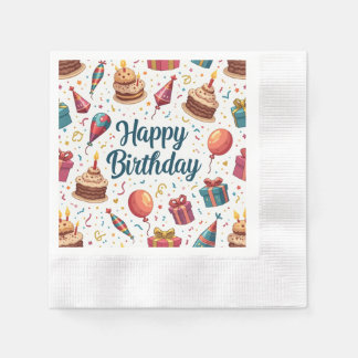 Guardanapo De Papel Feliz Aniversário, Napkin com Balões e Bolo