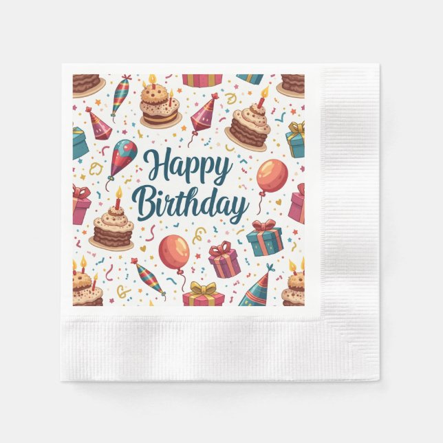 Guardanapo De Papel Feliz Aniversário, Napkin com Balões e Bolo (Frente)