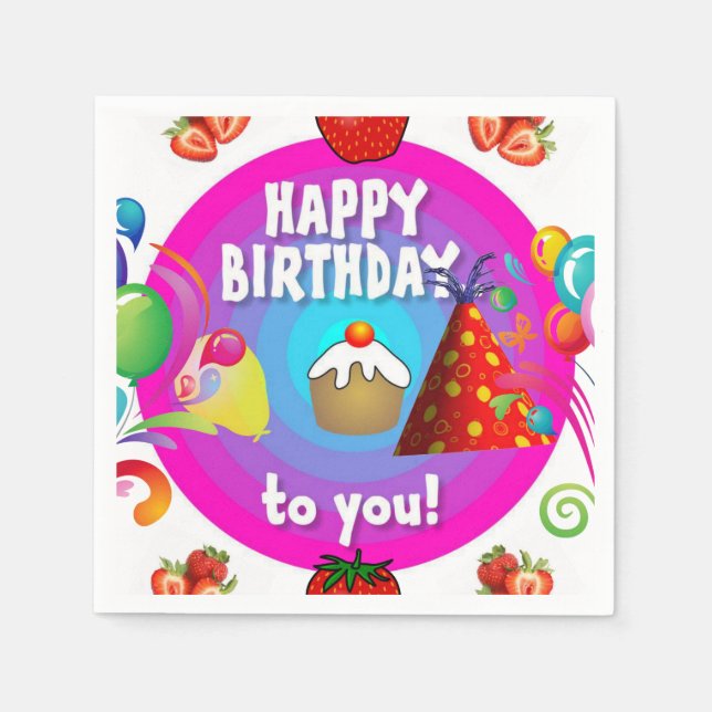 Guardanapo De Papel Feliz Aniversário, Napkins, Morango (Frente)