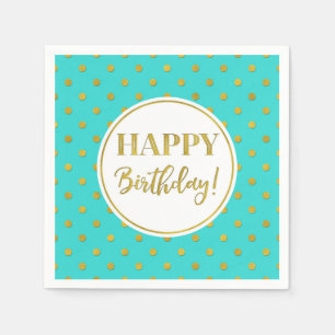 Guardanapo De Papel Feliz Aniversário Turquesa Pontos Brancos Dourados