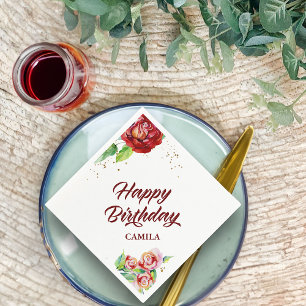 Guardanapo De Papel Feliz Aniversário Vermelho Dourado Vintage - Rosa
