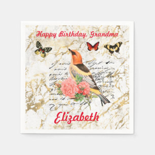 Guardanapo De Papel Feliz Aniversário Vintage Bird, Flores Arte Velha,