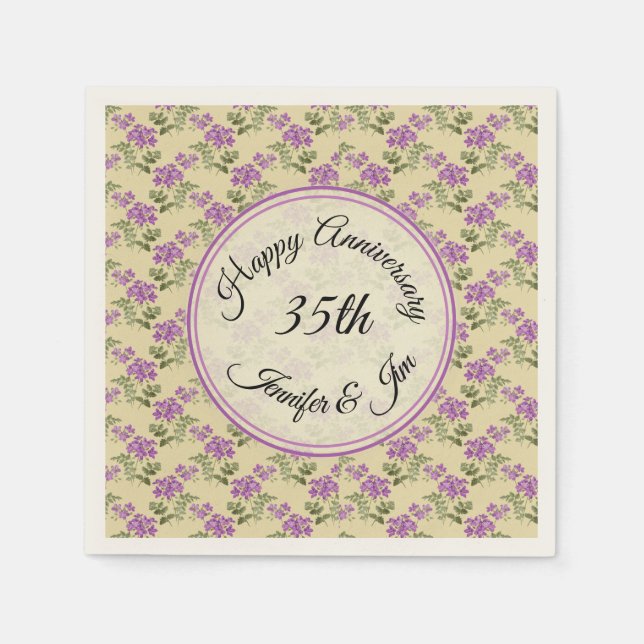 Guardanapo De Papel Feliz aniversário Violações Roxas em Amarelo Pálid (Frente)