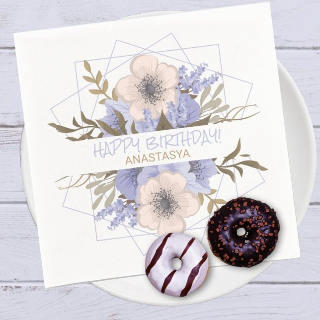 Guardanapo De Papel Feliz Aniversário Violet Pastel Cinco Rosa Selvage (Easily personalize this wild rose designed paper napkin for a birthday or other occasion.)