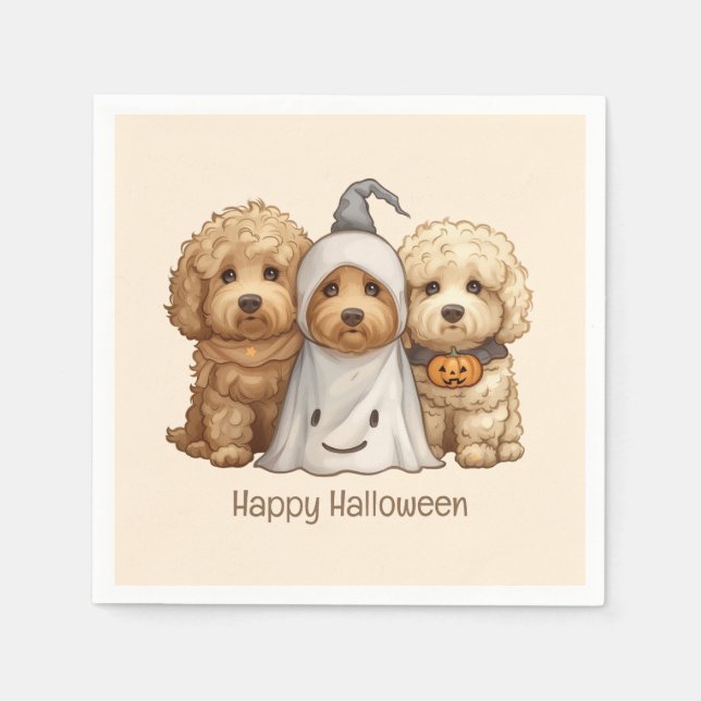 Guardanapo De Papel Feliz Cachorro de Goldendoodle de Halloween (Frente)
